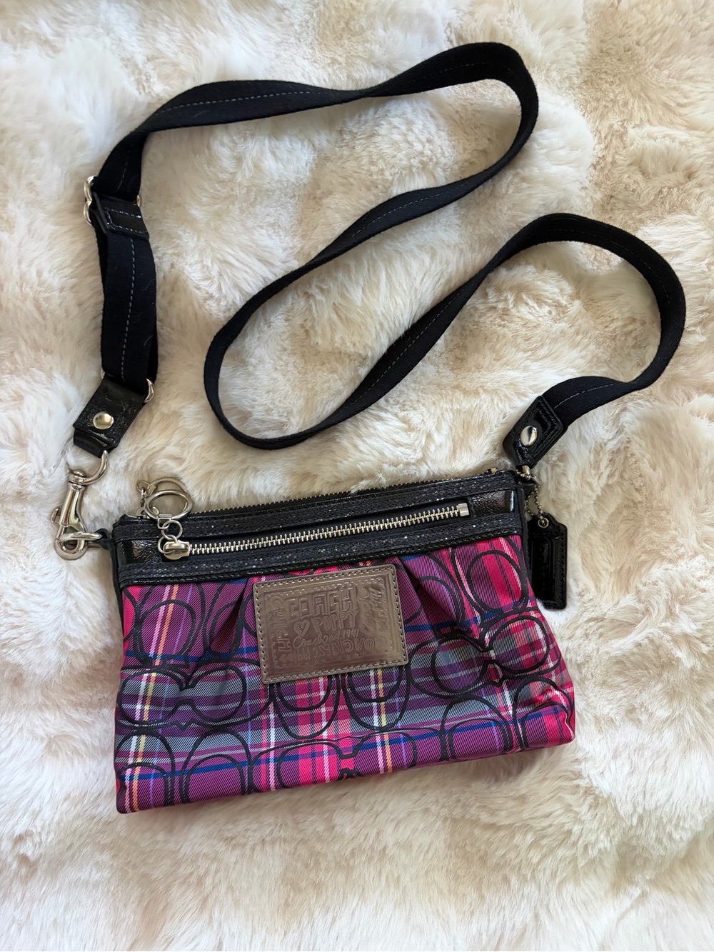 Coach Poppy Pink Purple Plaid Signature Crossbody with Black Strap